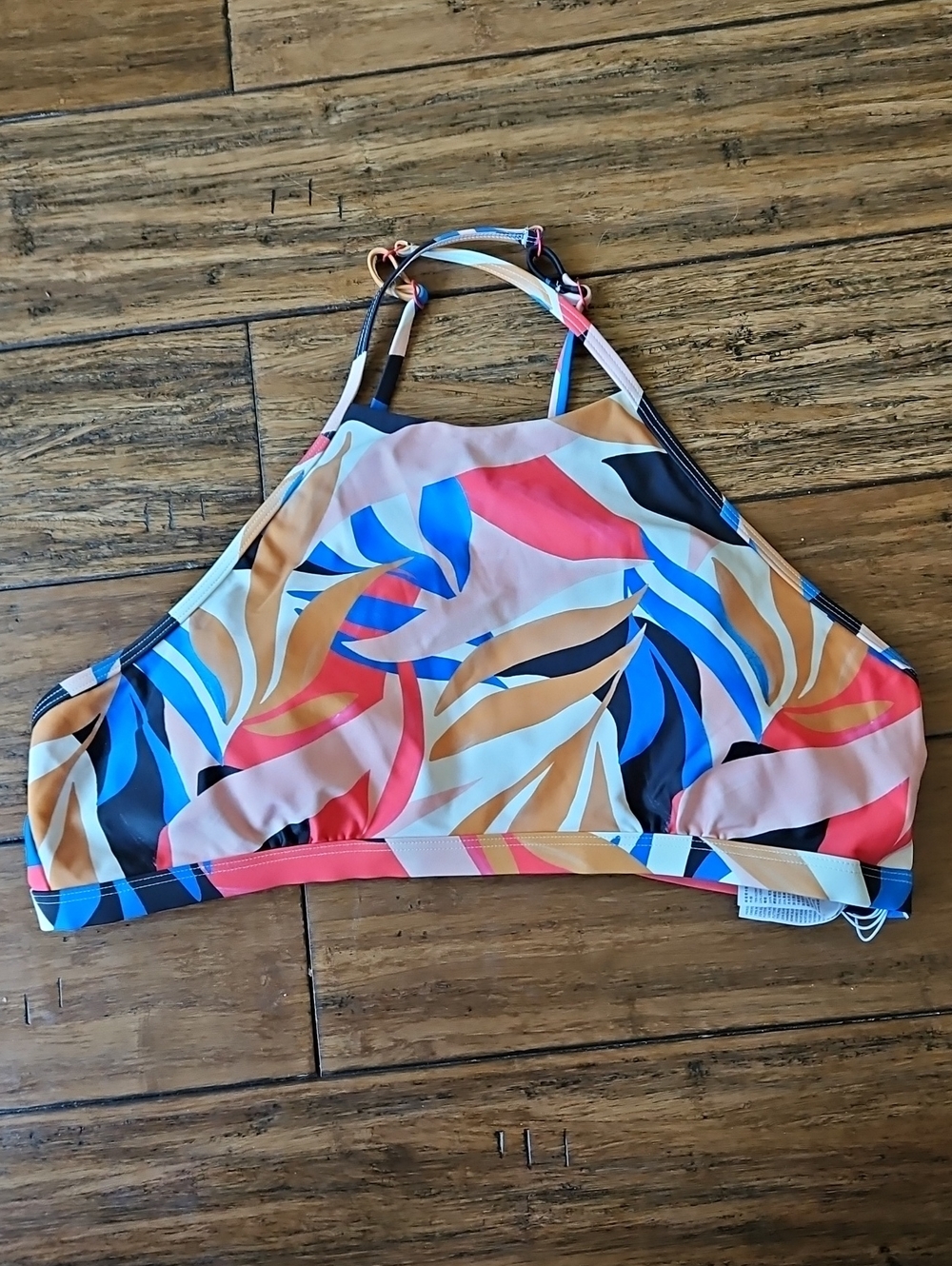 NWT Prana High-Neck Leaf Print Bikini Top in Blue, Pink, Tan, Black Size XL